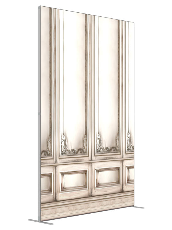 Paneled White Wall shown at an angled view, photography backdrop panel for Denny StudioEdge silicone edge frame, 5 ft