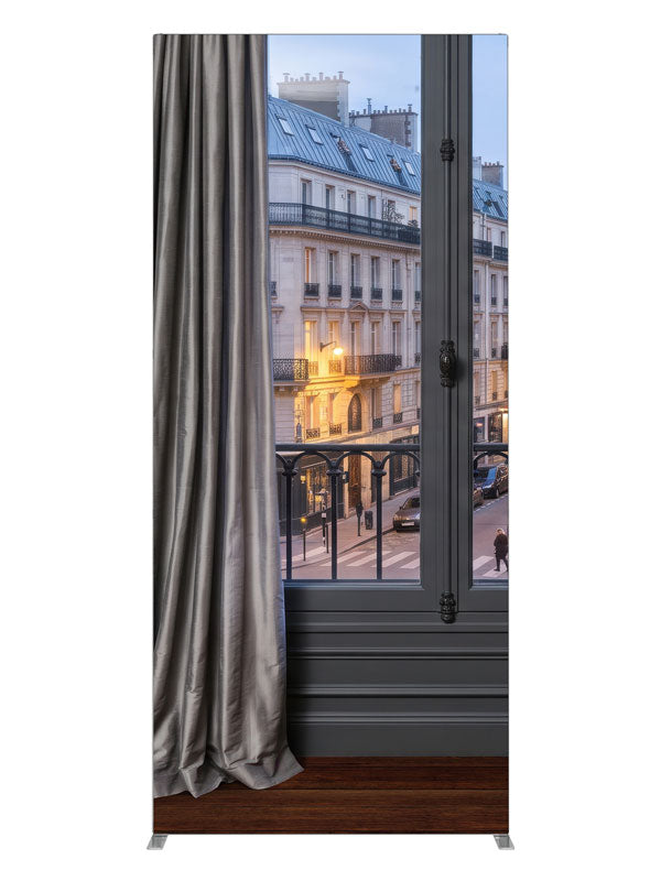 A charcoal Parisian apartment with a French window and iron balcony over a Haussmann street at dusk, 3ft photography backdrop panel for Denny StudioEdge silicone edge frame