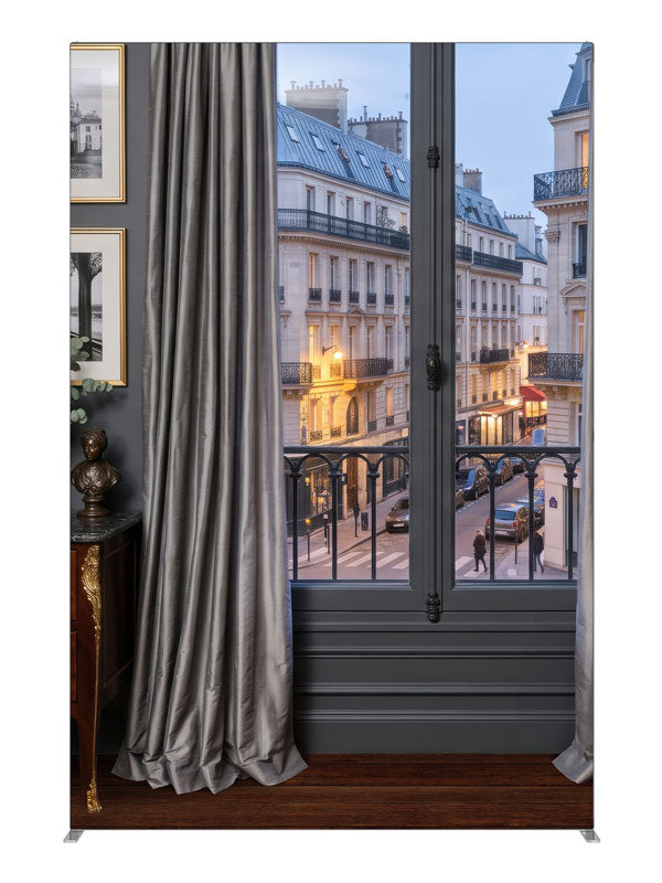 A charcoal Parisian apartment with a French window and iron balcony over a Haussmann street at dusk, 5ft photography backdrop panel for Denny StudioEdge silicone edge frame