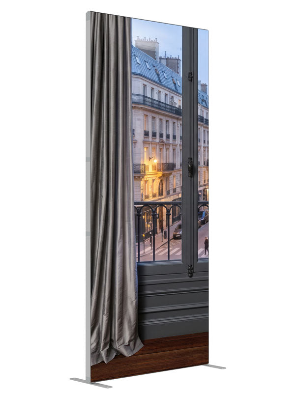 A charcoal Parisian apartment with a French window and iron balcony over a Haussmann street at dusk, 3ft photography backdrop panel for Denny StudioEdge silicone edge frame, angled view