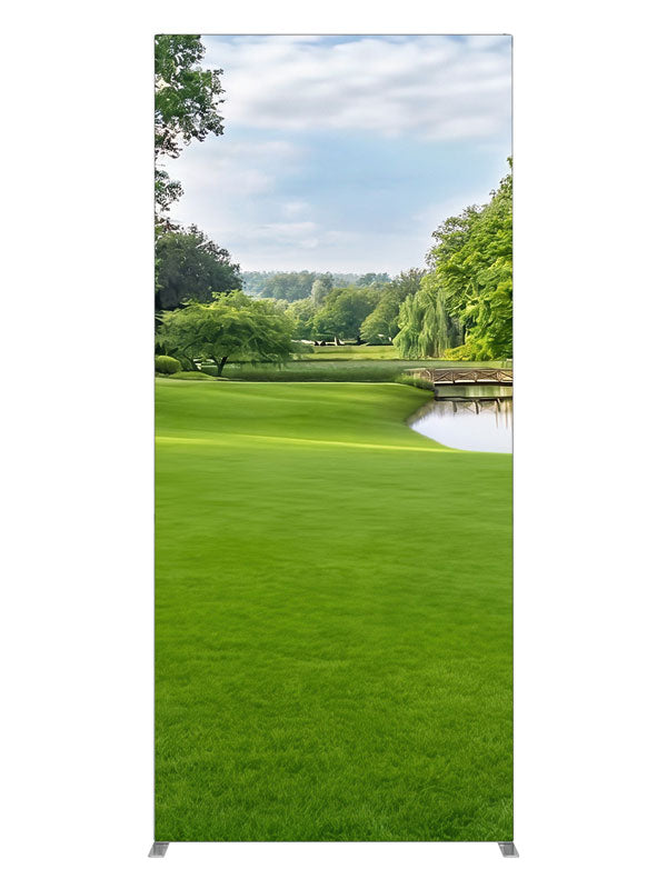 A manicured park with a pond, low wooden footbridge and weeping willows, 3ft photography backdrop panel for Denny StudioEdge silicone edge frame