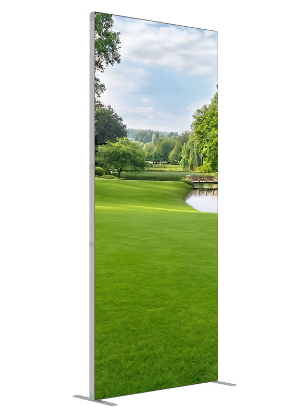 A manicured park with a pond, low wooden footbridge and weeping willows, 3ft photography backdrop panel for Denny StudioEdge silicone edge frame, angled view