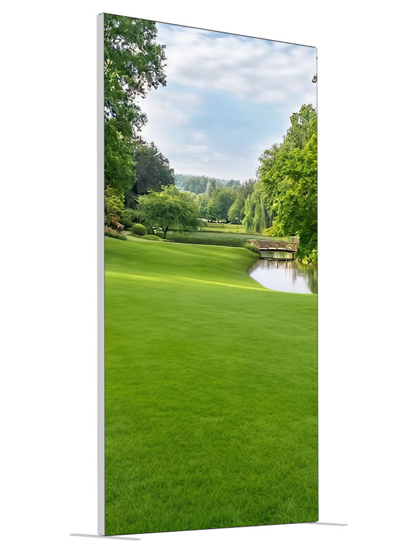 A manicured park with a pond, low wooden footbridge and weeping willows, 4ft photography backdrop panel for Denny StudioEdge silicone edge frame, angled view