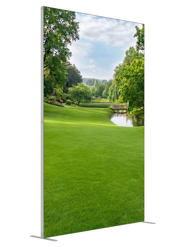 A manicured park with a pond, low wooden footbridge and weeping willows, 5ft photography backdrop panel for Denny StudioEdge silicone edge frame, angled view