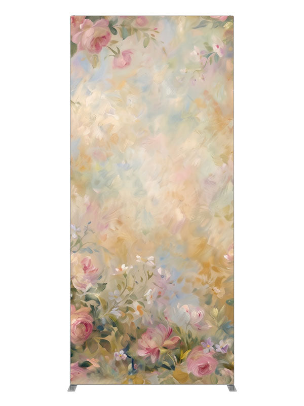 Lush pink and cream roses with green foliage around a warm pastel center, 3ft photography backdrop panel for Denny StudioEdge silicone edge frame