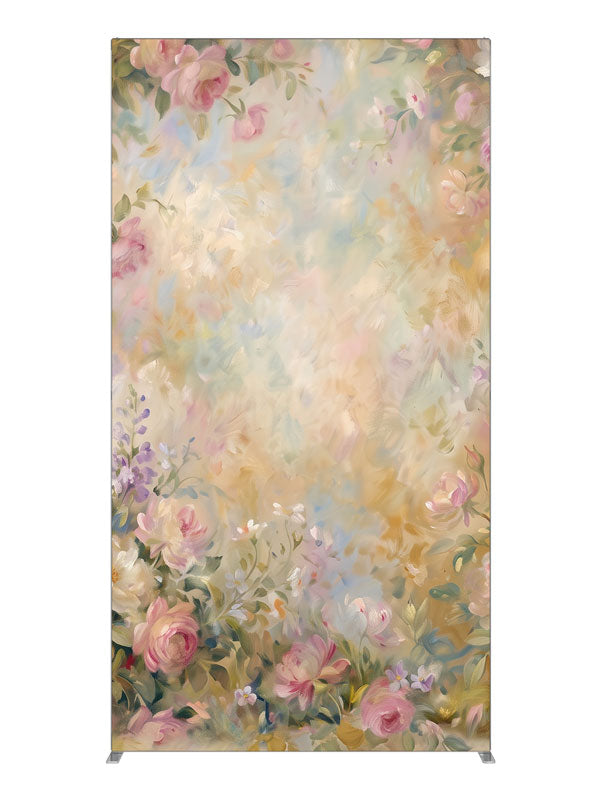 Lush pink and cream roses with green foliage around a warm pastel center, 4ft photography backdrop panel for Denny StudioEdge silicone edge frame