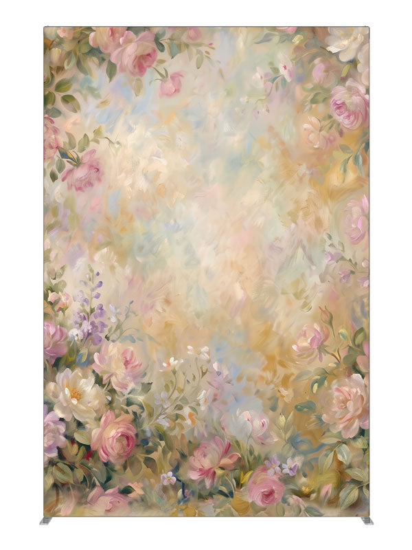 Lush pink and cream roses with green foliage around a warm pastel center, 5ft photography backdrop panel for Denny StudioEdge silicone edge frame