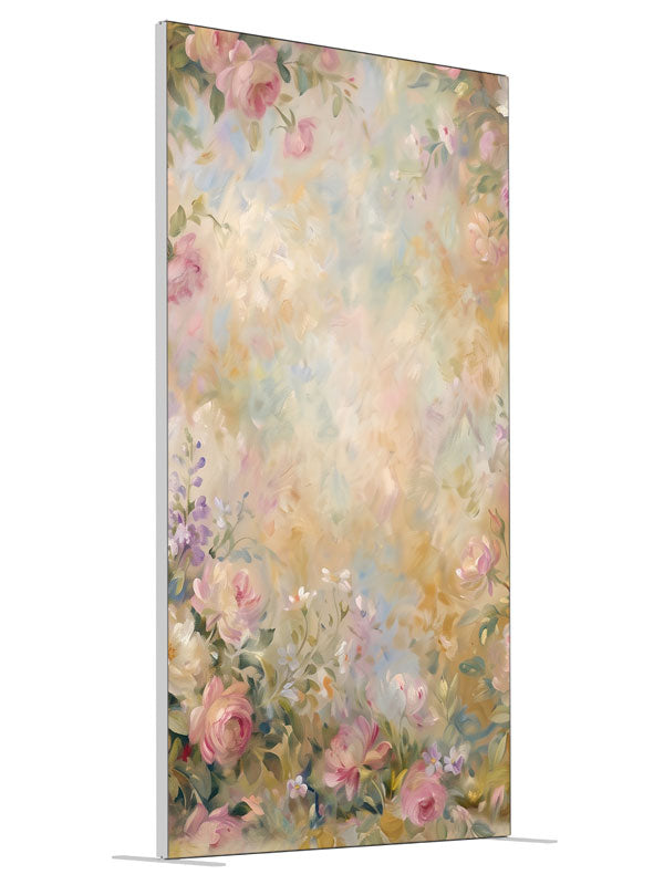 Lush pink and cream roses with green foliage around a warm pastel center, 4ft photography backdrop panel for Denny StudioEdge silicone edge frame