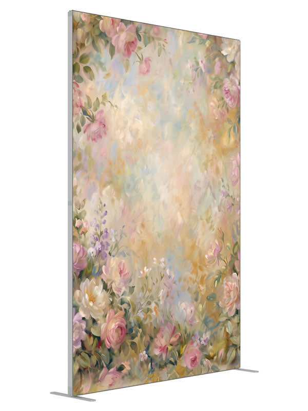 Lush pink and cream roses with green foliage around a warm pastel center, 5ft photography backdrop panel for Denny StudioEdge silicone edge frame