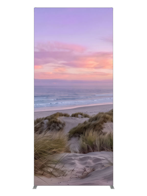Grassy sand dunes and calm ocean under a soft pastel sunset sky, 3ft photography backdrop panel for Denny StudioEdge silicone edge frame