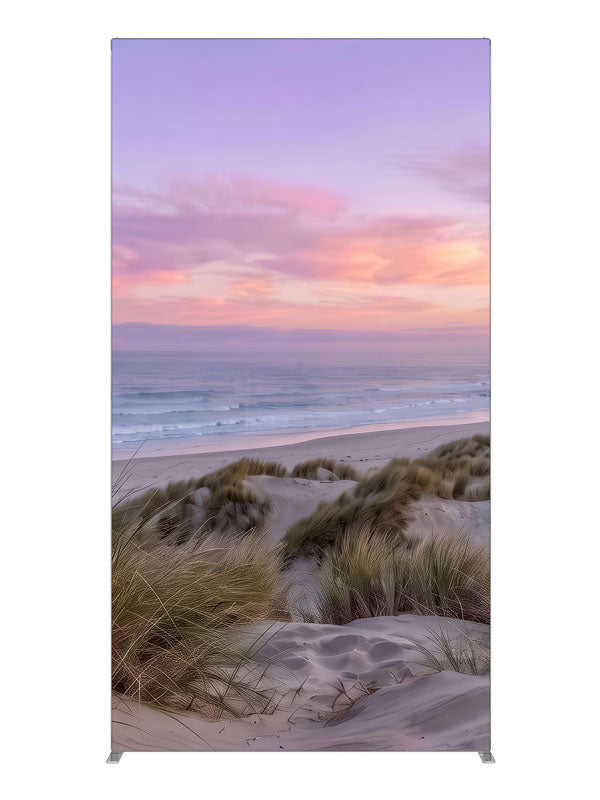 Grassy sand dunes and calm ocean under a soft pastel sunset sky, 4ft photography backdrop panel for Denny StudioEdge silicone edge frame