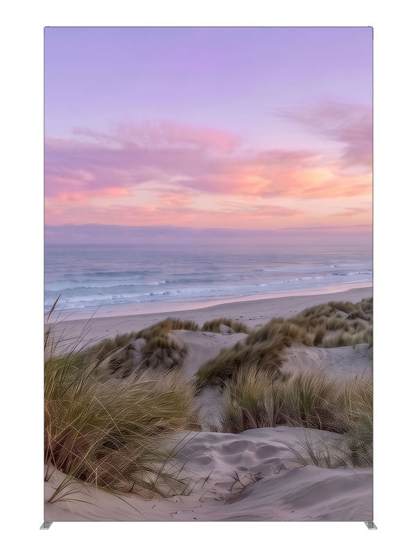 Grassy sand dunes and calm ocean under a soft pastel sunset sky, 5ft photography backdrop panel for Denny StudioEdge silicone edge frame