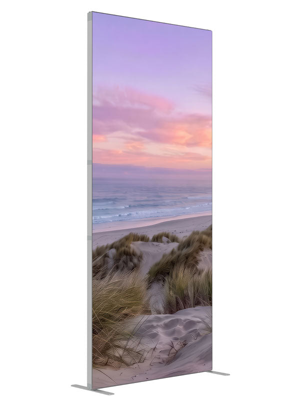 Grassy sand dunes and calm ocean under a soft pastel sunset sky, 3ft photography backdrop panel for Denny StudioEdge silicone edge frame, angled view