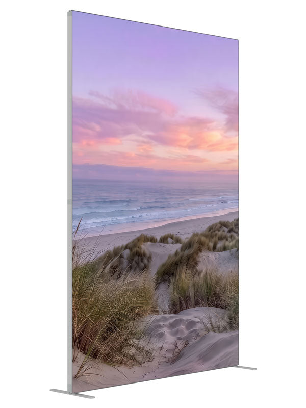 Grassy sand dunes and calm ocean under a soft pastel sunset sky, 5ft photography backdrop panel for Denny StudioEdge silicone edge frame, angled view