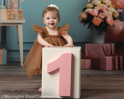 Happy baby girl posing next to pink number one block with balloons and peach-themed birthday setup in the background.