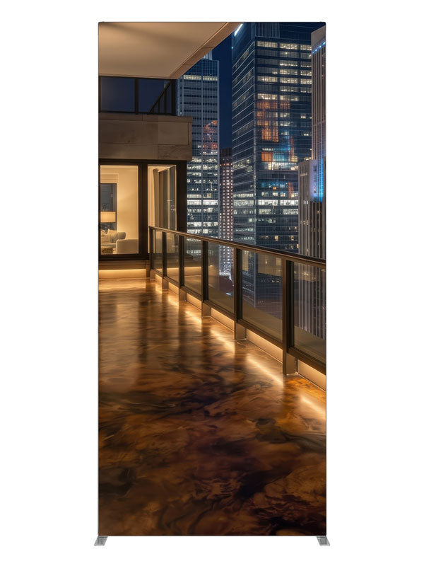 A glossy penthouse balcony at night with warm lighting overlooking a lit city skyline, 3ft photography backdrop panel for Denny StudioEdge silicone edge frame