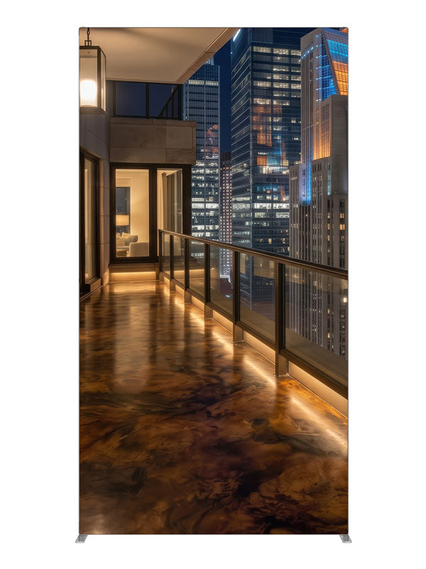 A glossy penthouse balcony at night with warm lighting overlooking a lit city skyline, 4ft photography backdrop panel for Denny StudioEdge silicone edge frame