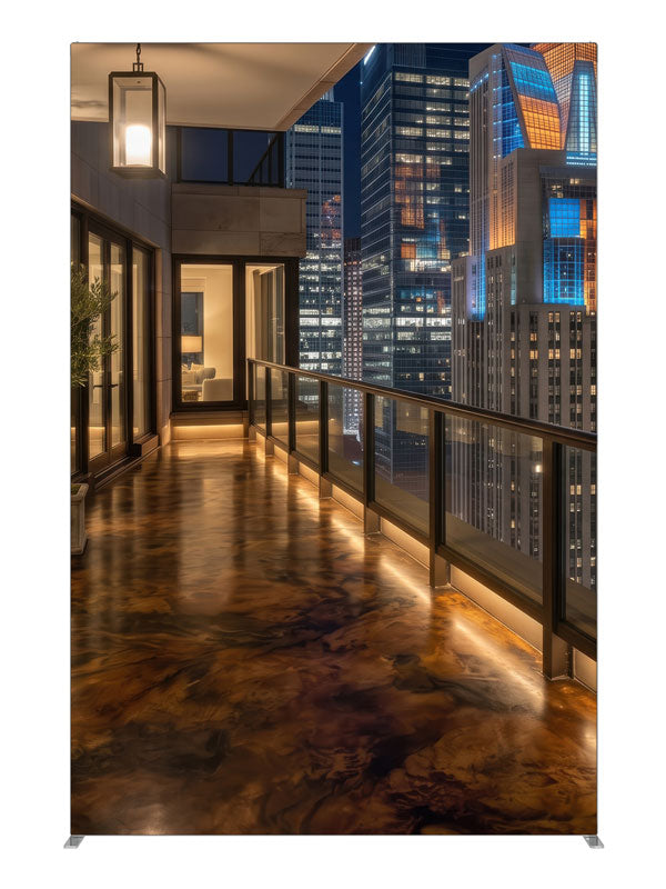 A glossy penthouse balcony at night with warm lighting overlooking a lit city skyline, 5ft photography backdrop panel for Denny StudioEdge silicone edge frame