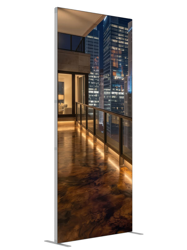 A glossy penthouse balcony at night with warm lighting overlooking a lit city skyline, 3ft photography backdrop panel for Denny StudioEdge silicone edge frame, angled view