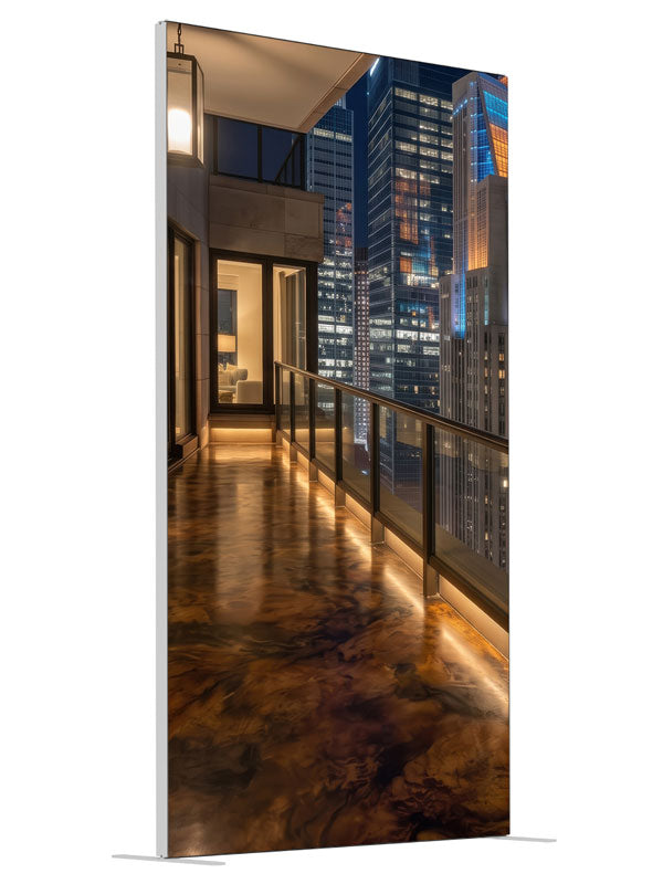 A glossy penthouse balcony at night with warm lighting overlooking a lit city skyline, 4ft photography backdrop panel for Denny StudioEdge silicone edge frame, angled view