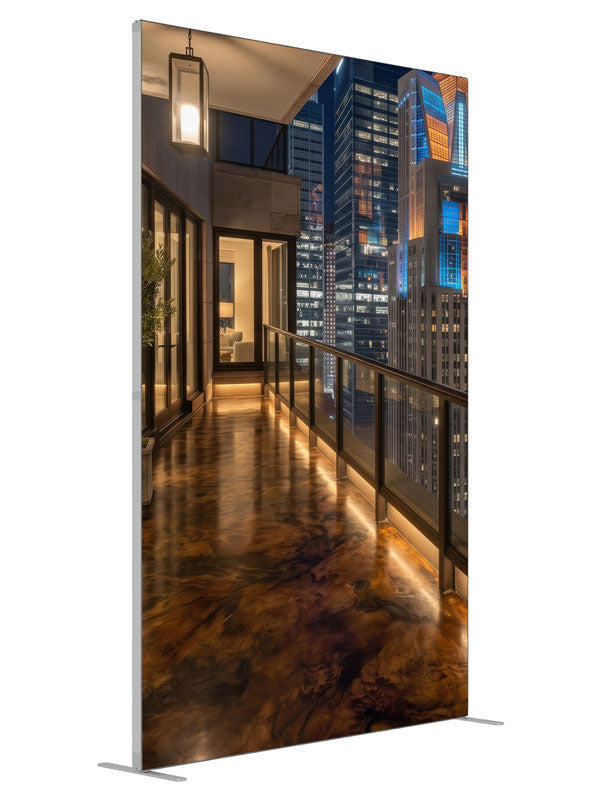 A glossy penthouse balcony at night with warm lighting overlooking a lit city skyline, 5ft photography backdrop panel for Denny StudioEdge silicone edge frame, angled view