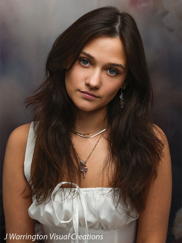 Peonies and roses photography backdrop shown with a young woman in a white dress in a tight editorial headshot CP-8491