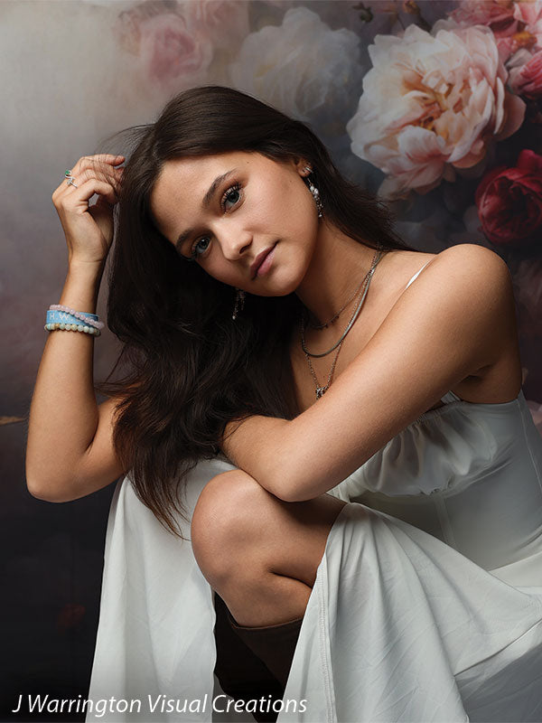 Peonies and roses photography backdrop shown with a young woman in a white slip dress in a close editorial pose with her hand in her hair CP-8491
