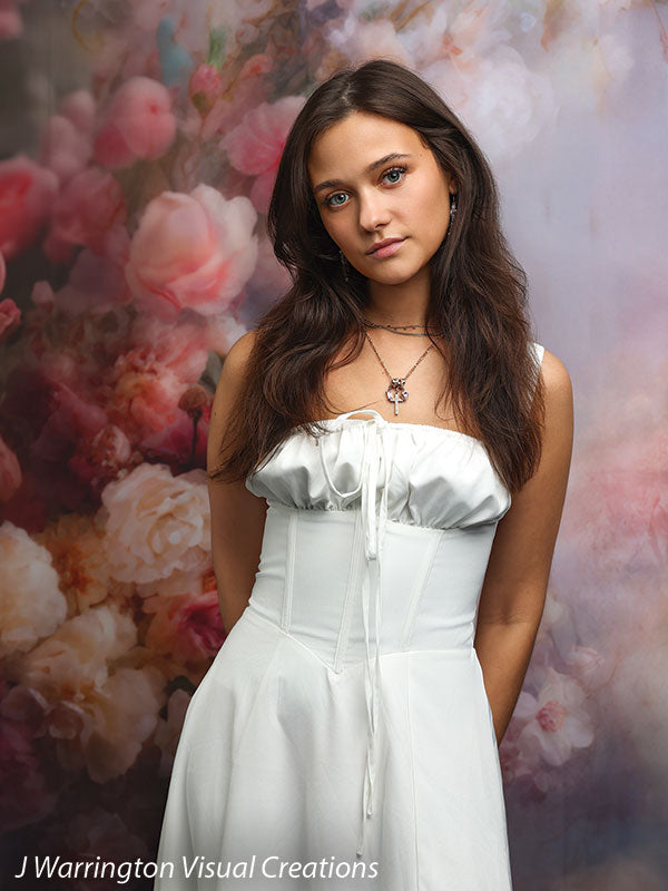 Peonies and roses photography backdrop shown with a young woman in a white strapless dress standing with her hands behind her back CP-8491