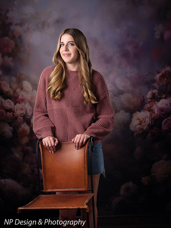 Peonies and roses photography backdrop shown with a senior girl in a mauve sweater standing behind a wood chair CP-8491