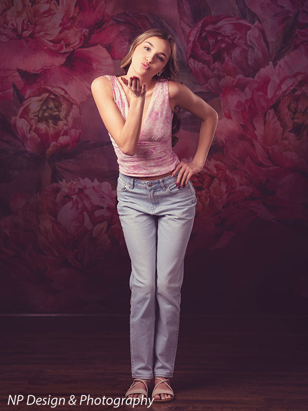 Peony bliss floral photography backdrop shown with in a pink halter top blowing a kiss with a hand on her hip CP-8226