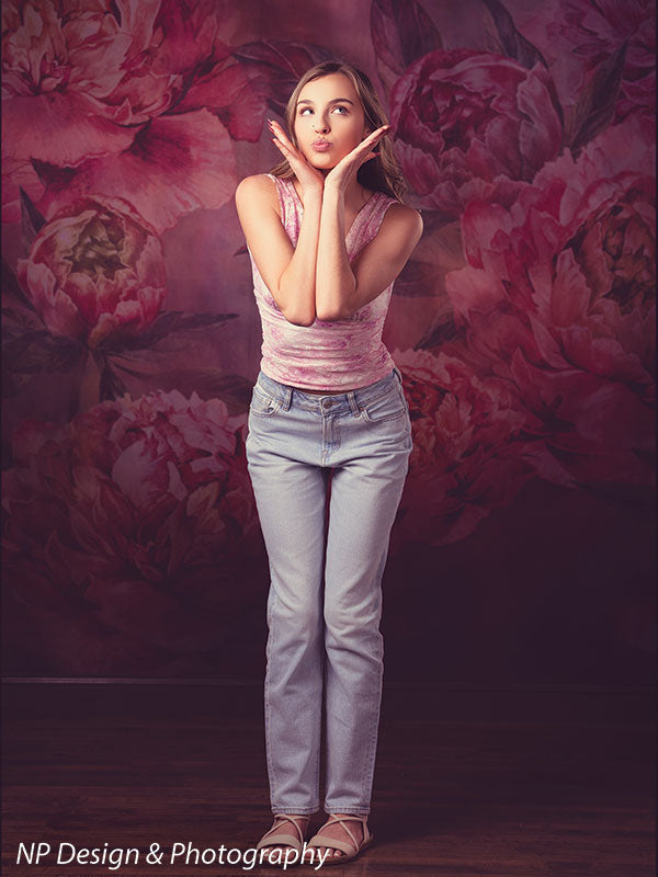 Peony bliss floral photography backdrop shown with in a pink halter top with her hands framing her face looking upward CP-8226