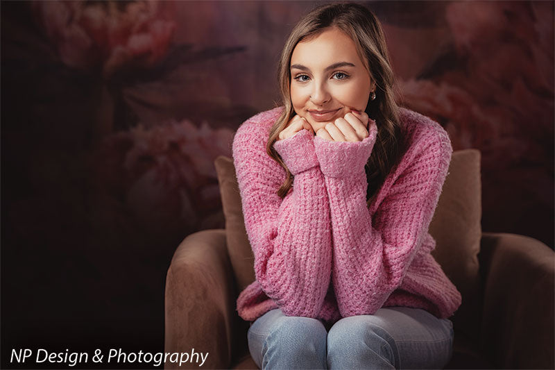 Peony bliss floral photography backdrop shown with seated resting her hands under her chin CP-8226