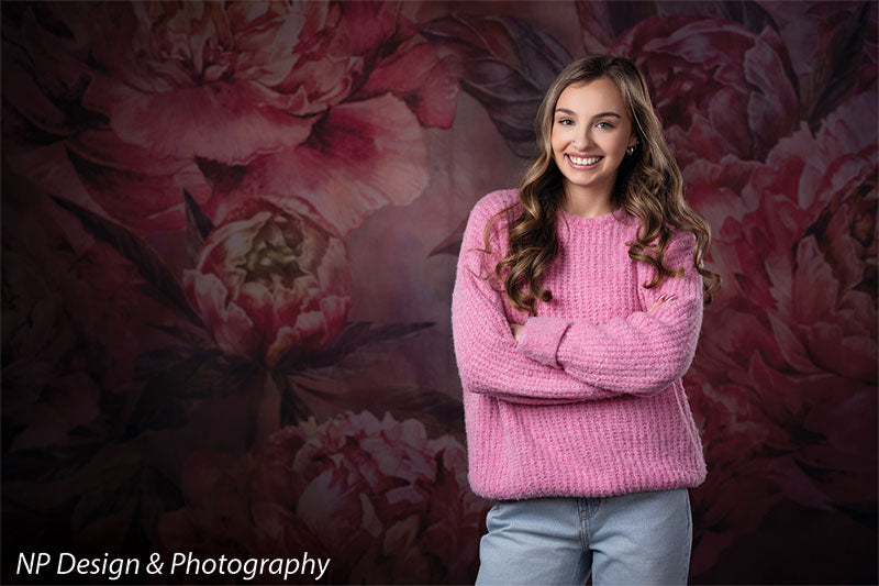 Peony bliss floral photography backdrop shown with standing with her arms crossed and smiling CP-8226