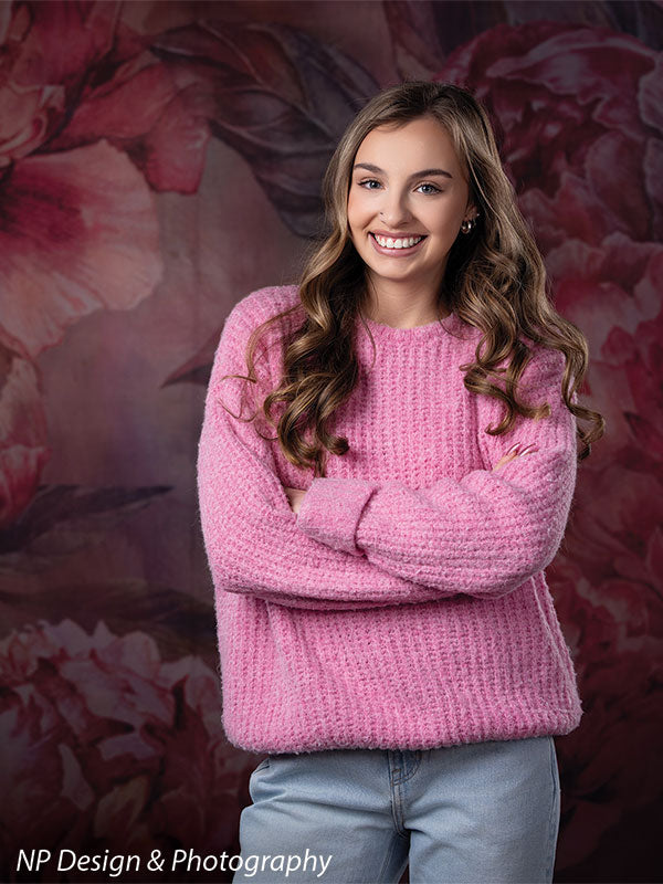 Peony bliss floral photography backdrop shown with standing with her arms crossed in a vertical portrait CP-8226