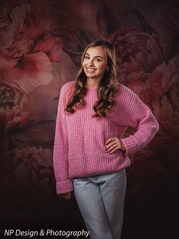 Peony bliss floral photography backdrop shown with standing with a hand on her hip CP-8226