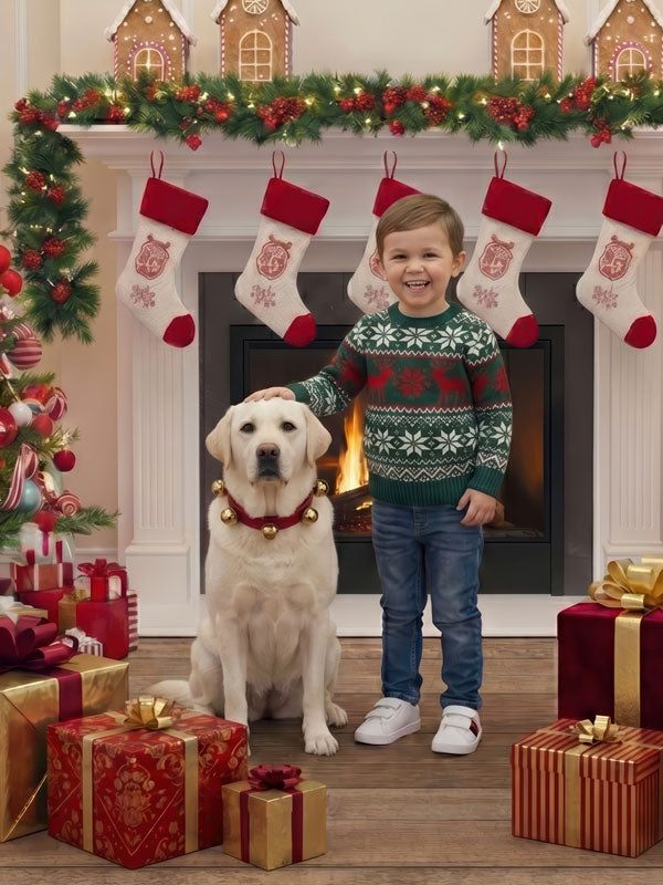 Peppermint Dreams cream fireplace with Christmas stockings and gingerbread house mantel photography backdrop shown with a young boy in a reindeer sweater beside a white Labrador CP-8931