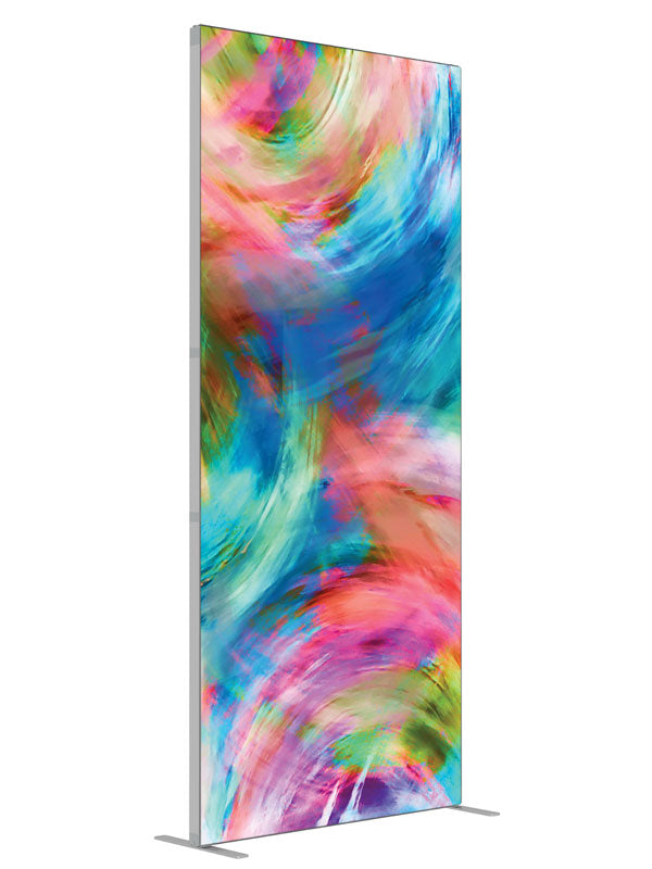 Pink blue green swirl shown at an angled view, photography backdrop panel for Denny StudioEdge silicone edge frame, 3 ft