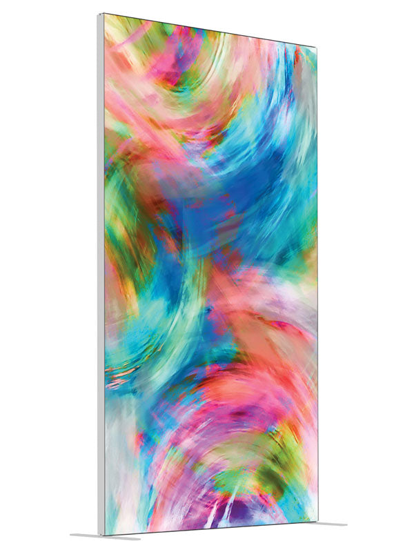Pink blue green swirl shown at an angled view, photography backdrop panel for Denny StudioEdge silicone edge frame, 4 ft