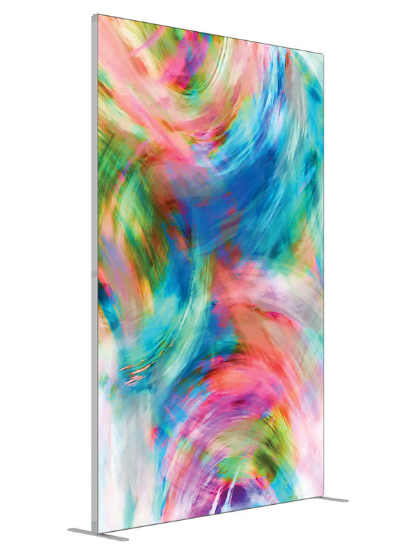 Pink blue green swirl shown at an angled view, photography backdrop panel for Denny StudioEdge silicone edge frame, 5 ft