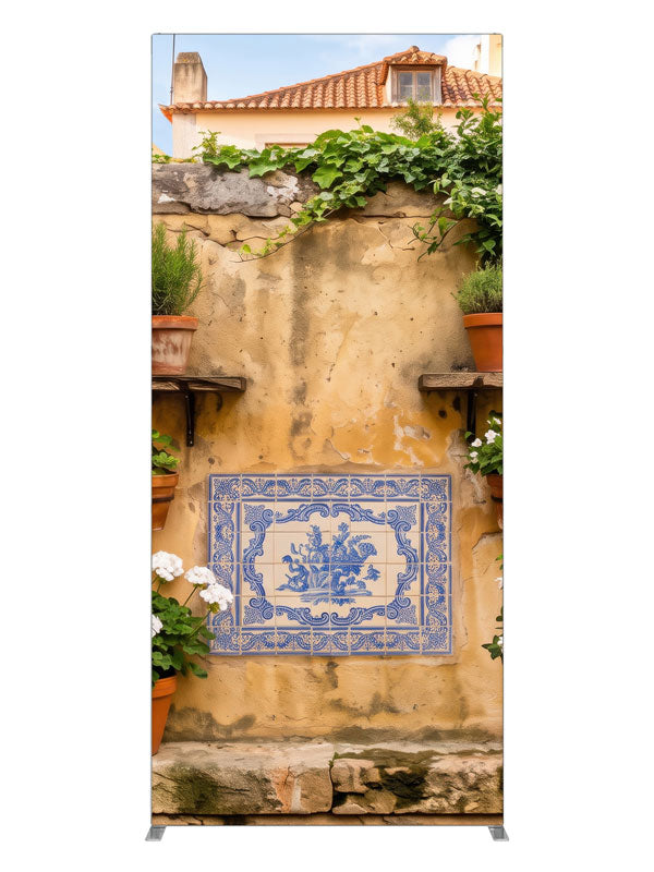 A warm ochre plaster wall with blue-and-white Portuguese tiles and potted geraniums, 3ft photography backdrop panel for Denny StudioEdge silicone edge frame