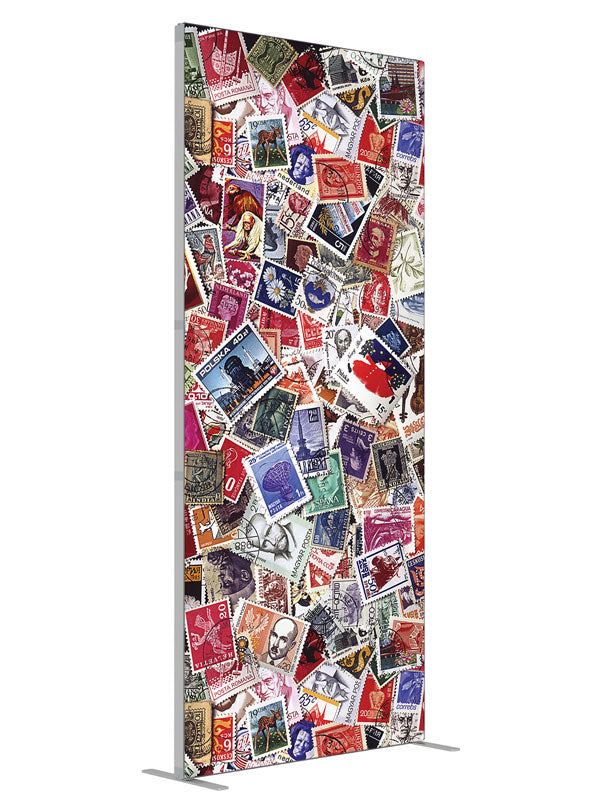 Postage Stamp Collage shown at an angled view, photography backdrop panel for Denny StudioEdge silicone edge frame, 3 ft