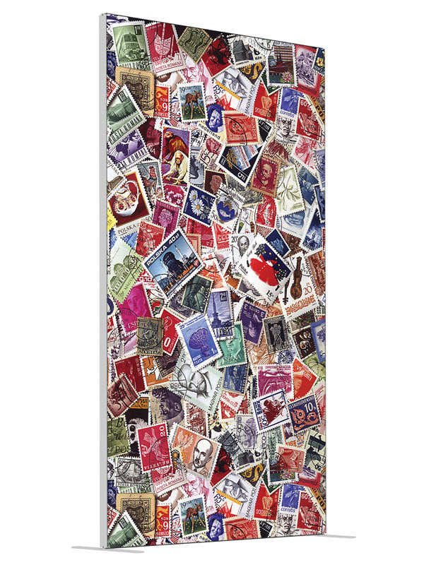 Postage Stamp Collage shown at an angled view, photography backdrop panel for Denny StudioEdge silicone edge frame, 4 ft