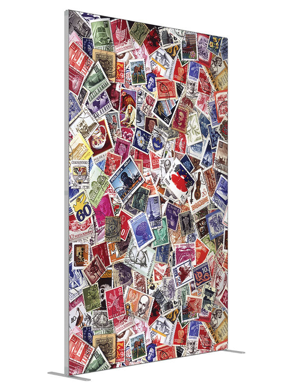Postage Stamp Collage shown at an angled view, photography backdrop panel for Denny StudioEdge silicone edge frame, 5 ft