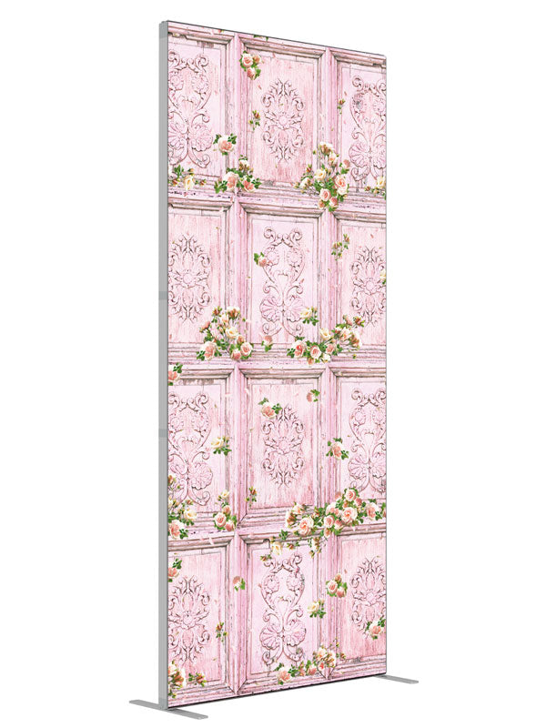 Precious Moments Pink Pink Floral Wall shown at an angled view, photography backdrop panel for Denny StudioEdge silicone edge frame, 3 ft