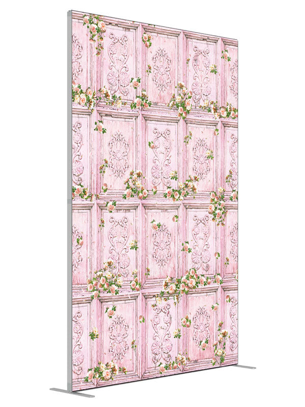 Precious Moments Pink Pink Floral Wall shown at an angled view, photography backdrop panel for Denny StudioEdge silicone edge frame, 5 ft