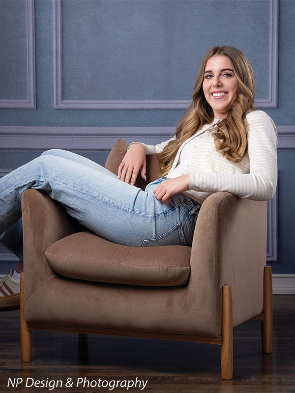 Princess grace photography backdrop shown with lounging in a brown armchair in a vertical portrait CP-7810
