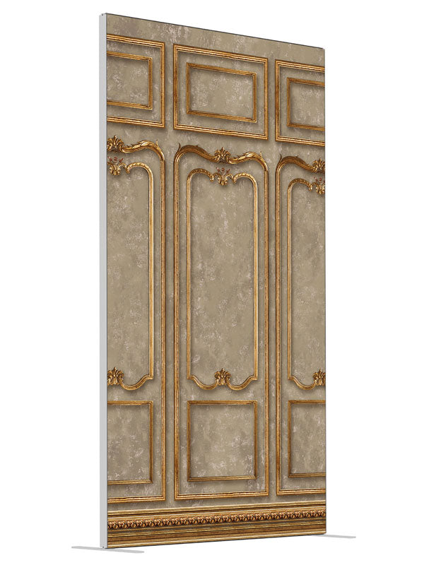 Queen Anne Ornate Gold Panel shown at an angled view, photography backdrop panel for Denny StudioEdge silicone edge frame, 4 ft