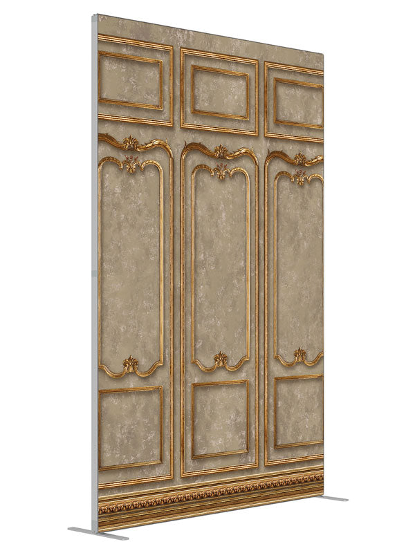 Queen Anne Ornate Gold Panel shown at an angled view, photography backdrop panel for Denny StudioEdge silicone edge frame, 5 ft