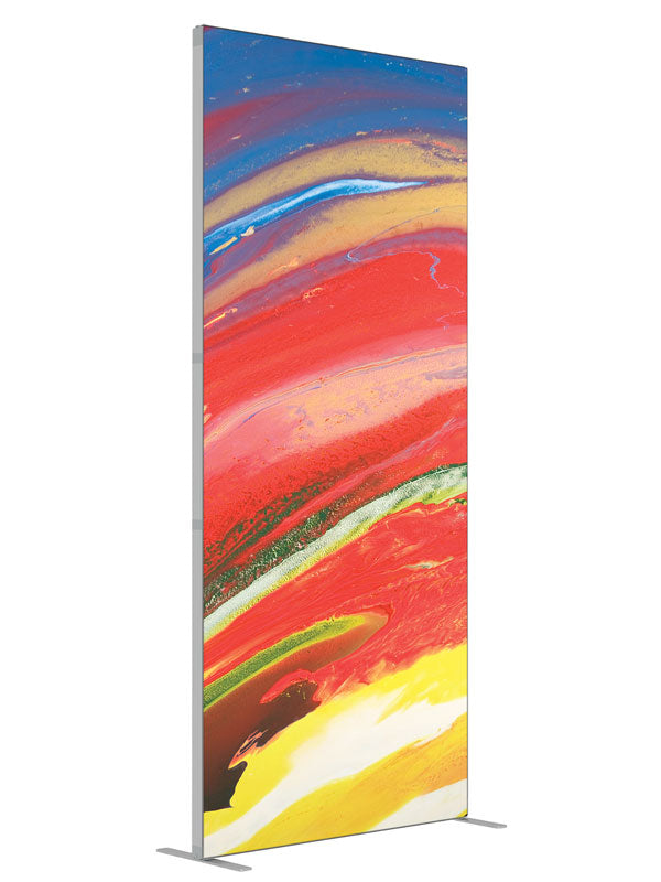 Red blue gold swirl shown at an angled view, photography backdrop panel for Denny StudioEdge silicone edge frame, 3 ft