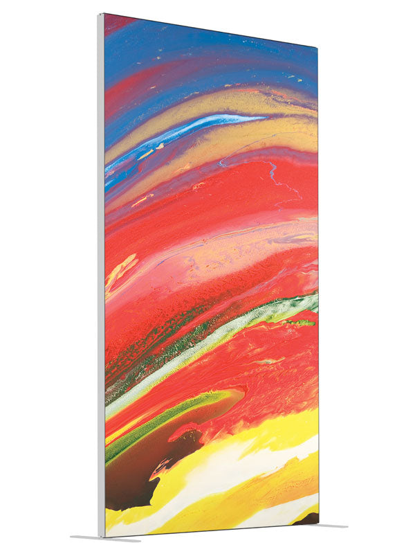 Red blue gold swirl shown at an angled view, photography backdrop panel for Denny StudioEdge silicone edge frame, 4 ft
